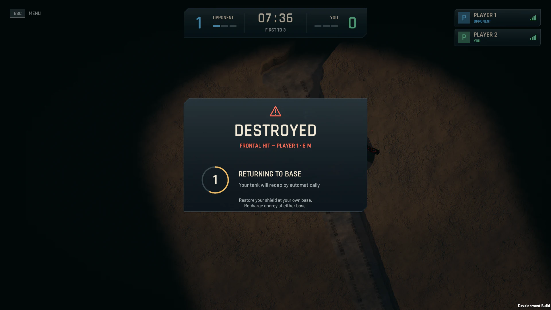 Zničený hráčův tank a odpočet do návratu do hry v podzemním bojišti.