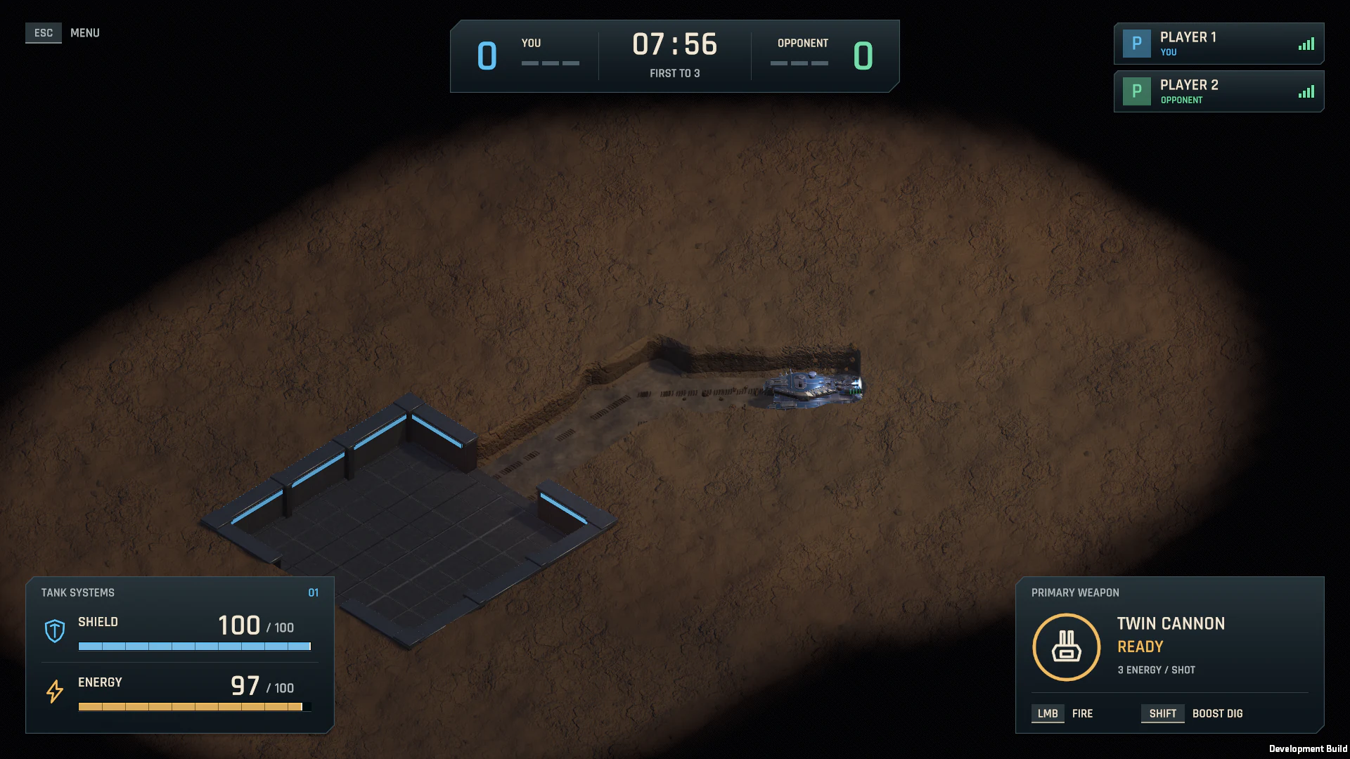 A blue tank digs a new tunnel away from its underground base, leaving tracks behind.