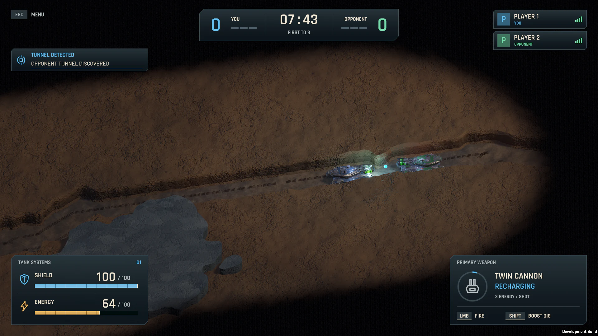 Two tanks clash in a narrow underground tunnel, with the alpha combat HUD visible.