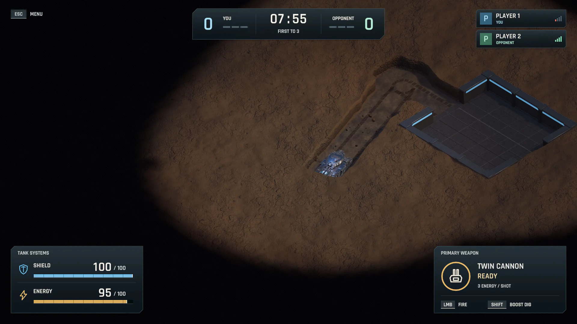 A blue tank digs a new tunnel away from its underground base, leaving tracks behind.