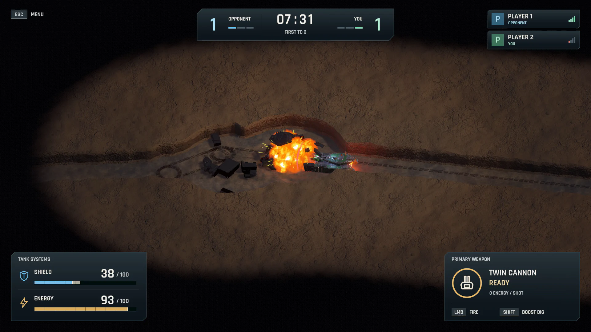 A tank explodes beside its green opponent, scattering wreckage across the dug tunnel.
