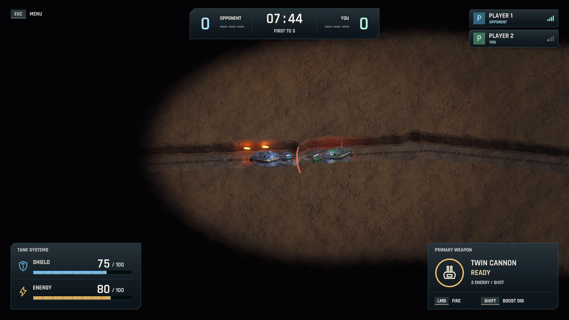 Two tanks exchange twin-cannon fire in a narrow tunnel, with paired projectiles and the current combat HUD visible.